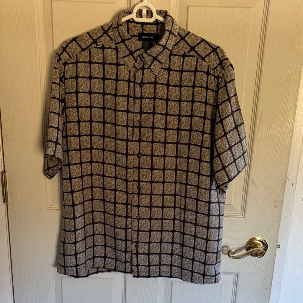 Claiborne Men's Black and Brown Grid Shirt, Medium